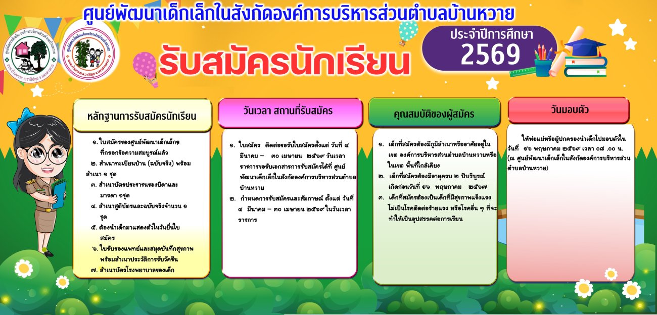 การรับสมัครเด็กเล็กเพื่อเข้าเรียนในศูนย์พัฒนาเด็กเล็กสังกัดองค์การบริหารส่วนตำบลบ้านหวาย สังกัดองค์การบริหารส่วนตำบลบ้านหวาย ประจำปีการศึกษา2569